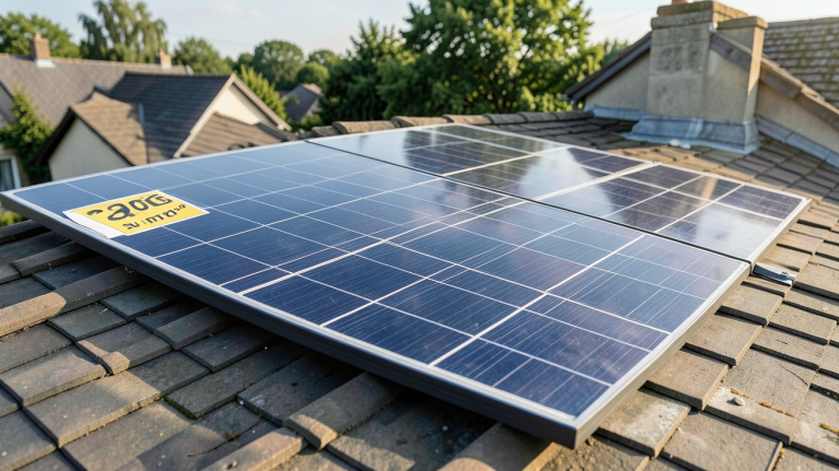 cout d un panneau photovoltaique au m2 panneau installé sur toit résidentiel avec étiquette de prix