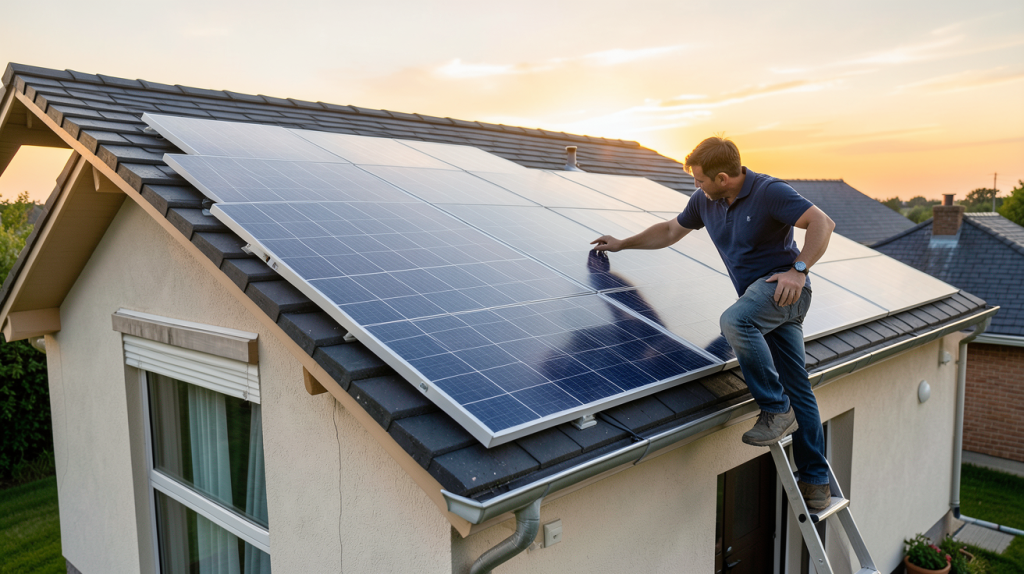 cout d un panneau solaire : installation d'un panneau solaire sur le toit d'une maison par un professionnel