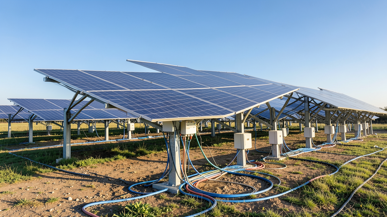 coût d'une centrale photovoltaïque au sol : ferme solaire de 800 kWc en Auvergne-Rhône-Alpes avec panneaux photovoltaïques alignés