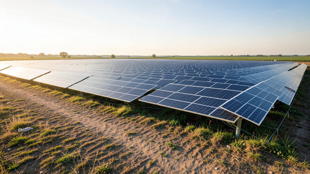 coût d'une centrale photovoltaïque au sol avec rangées de panneaux solaires sur un terrain dégagé en pleine lumière du jour