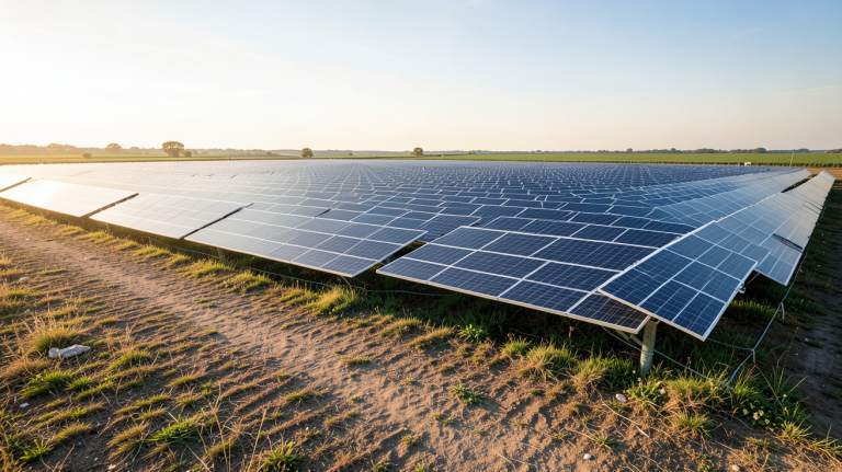 coût d'une centrale photovoltaïque au sol avec rangées de panneaux solaires sur un terrain dégagé en pleine lumière du jour