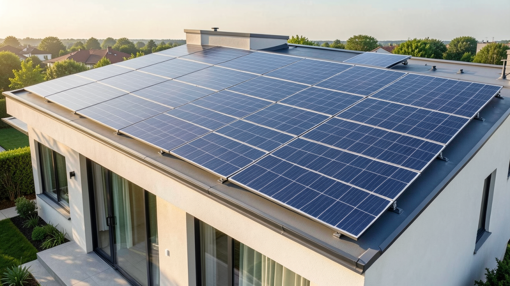 cout d une installation de panneaux solaires photovoltaïques installé sur le toit d'une maison contemporaine