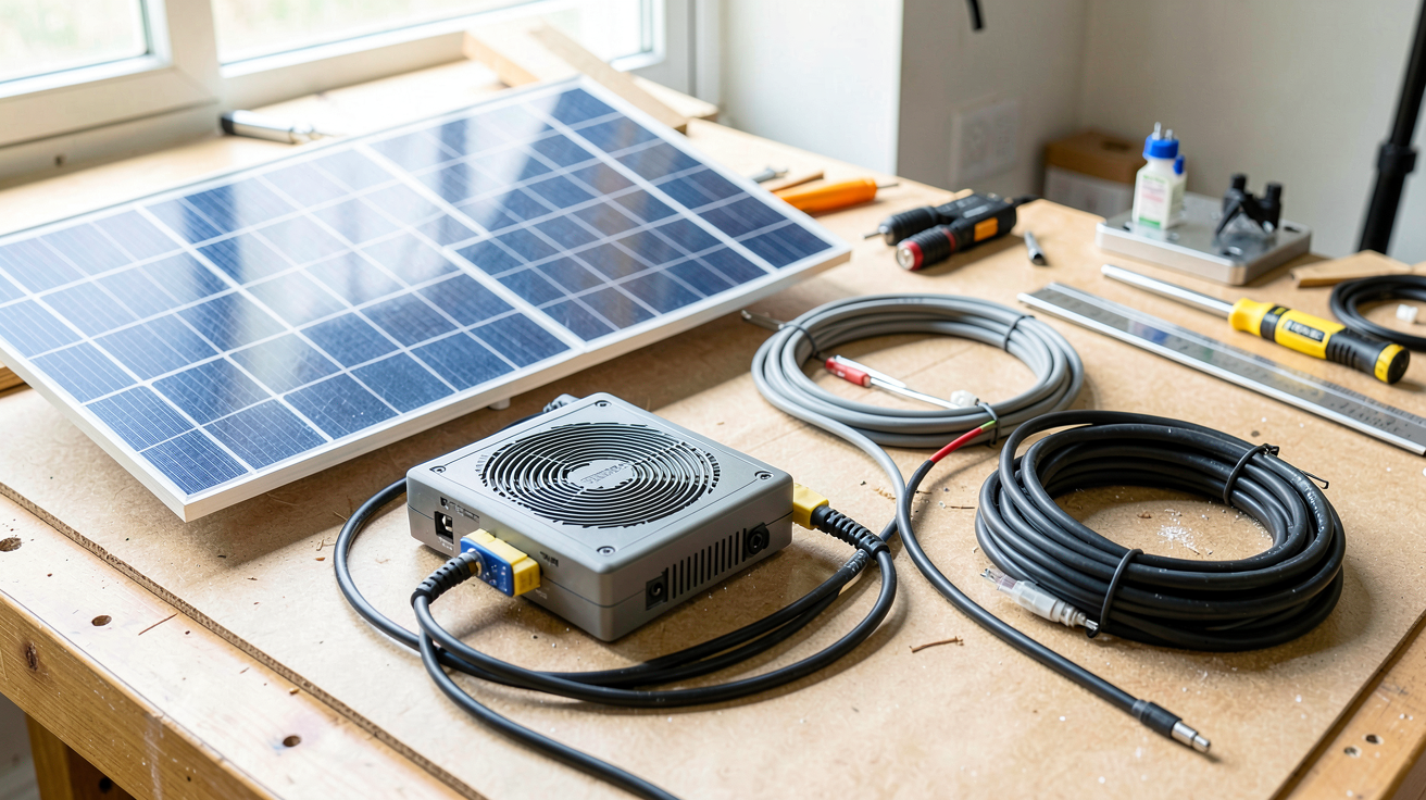 cout d une installation photovoltaique illustré par des panneaux solaires, un onduleur et du matériel électrique