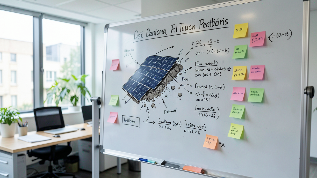 cout de panneaux solaires : décomposition du coût d'une installation photovoltaïque sur un tableau blanc avec post-it et calculs