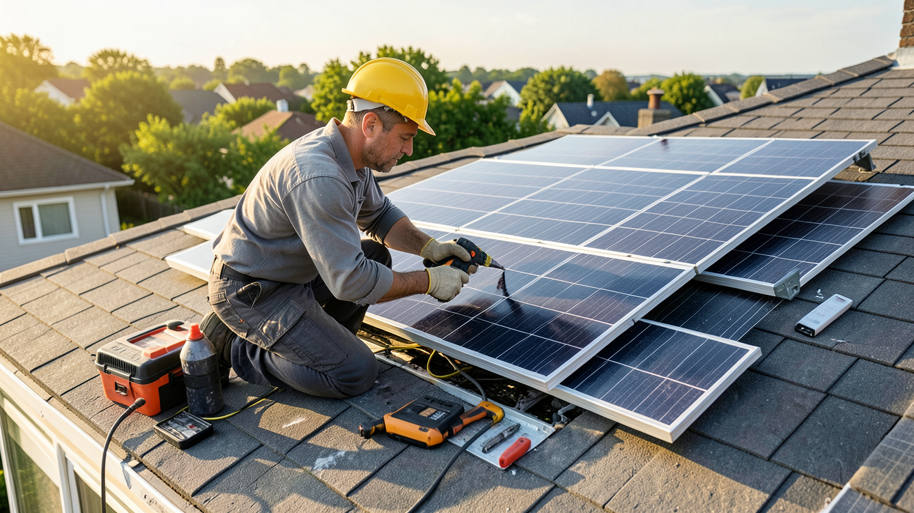 coût démontage panneau photovoltaïque : technicien en train de démonter des panneaux solaires sur un toit de maison