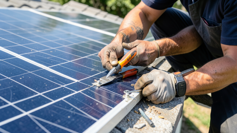 coût démontage panneau photovoltaïque illustré par un expert travaillant sur une installation solaire en toiture