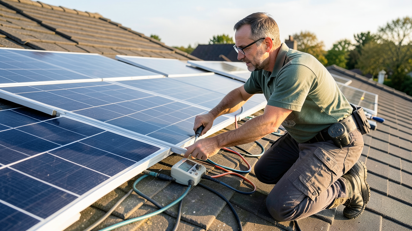 cout des panneaux solaires : installateur vérifiant les critères techniques d'une installation photovoltaïque sur un toit