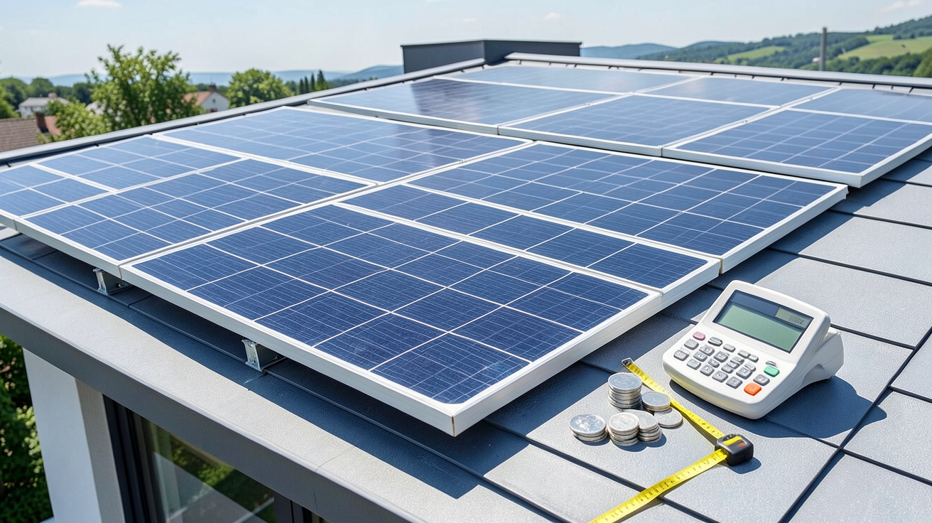 cout des panneaux solaires photovoltaïques montrée par une maison équipée de panneaux solaires sur le toit, avec un calculateur et des pièces représentant le prix