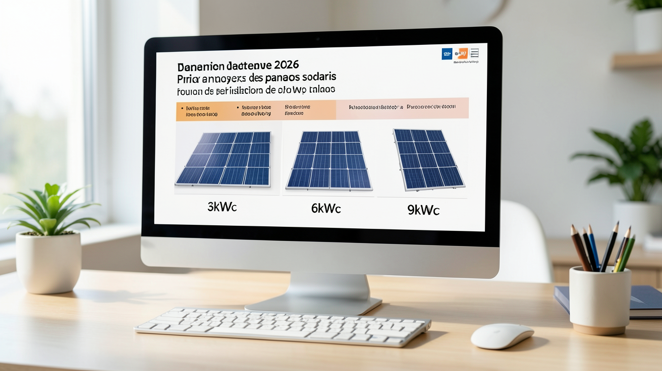 cout des panneaux solaires prix 2026 affichés sur un écran comparant les coûts pour 3kWc, 6kWc et 9kWc