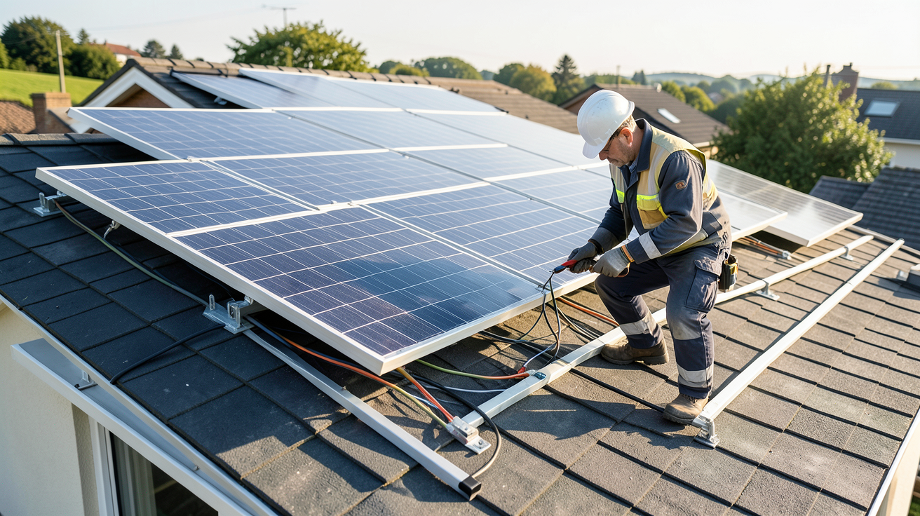cout des panneaux solaires prix au m² en 2026 illustré par une installation sur toit avec technicien
