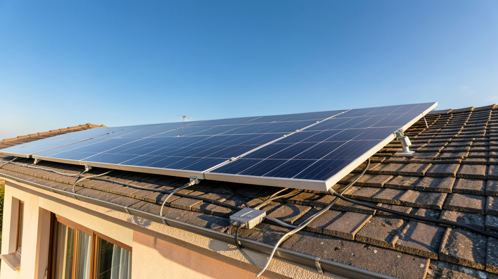 coût énergie solaire photovoltaïque : installation de panneaux solaires sur le toit d'une maison avec ciel bleu