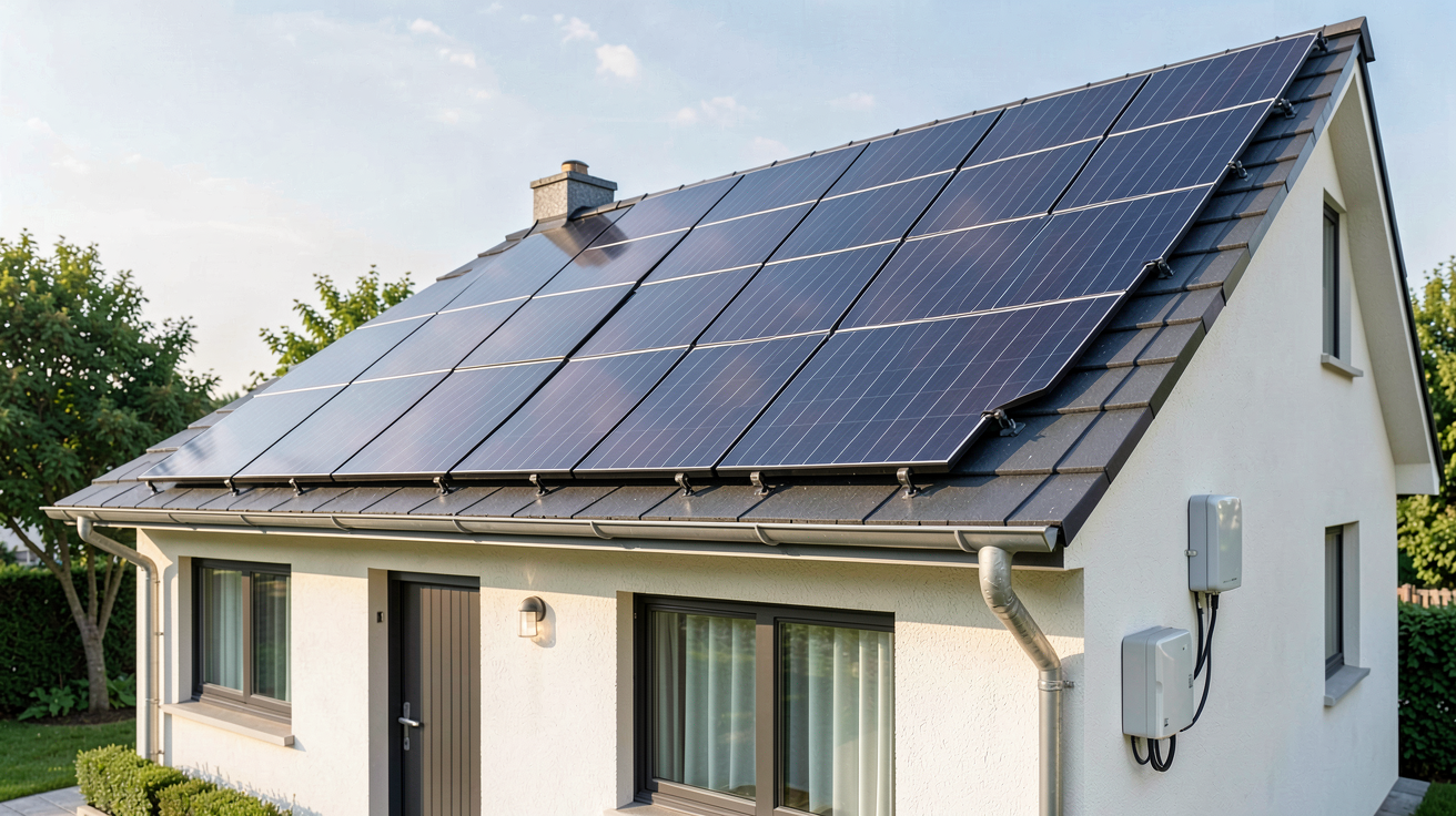 coût installation 10 panneaux photovoltaïques sur toit de maison moderne avec 10 panneaux solaires noirs brillants