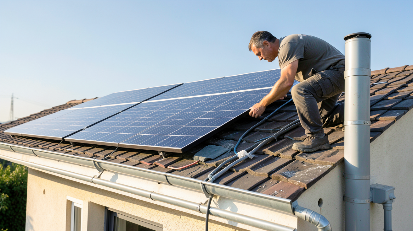 cout installation chauffe eau solaire guide pas à pas montrant un artisan installant un chauffe-eau solaire sur un toit