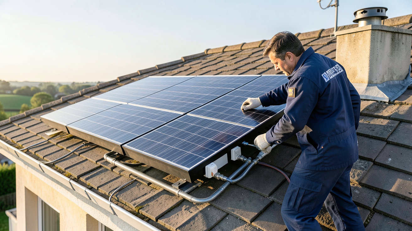 cout installation chauffe eau solaire prix moyen 2026 technicien vérifiant un chauffe-eau solaire sur un toit