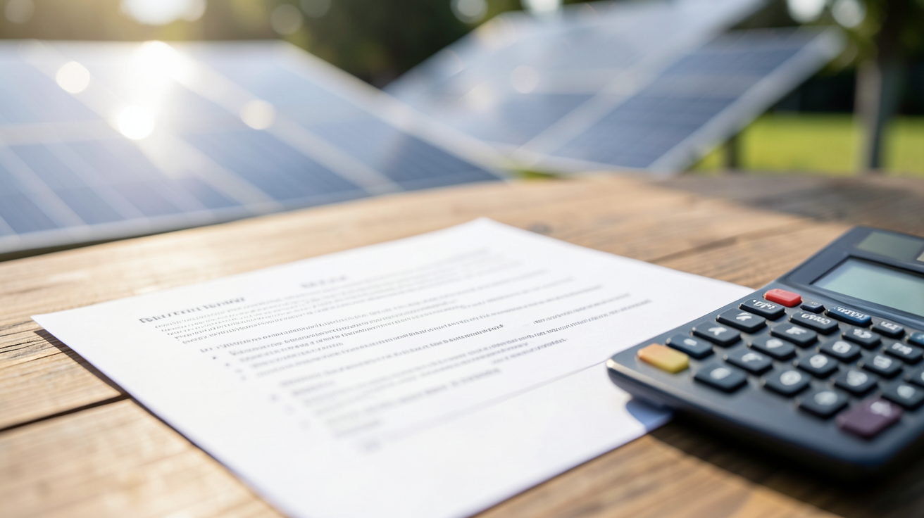 cout installation panneau photovoltaique illustré par un document de devis professionnel et des panneaux solaires en arrière-plan.