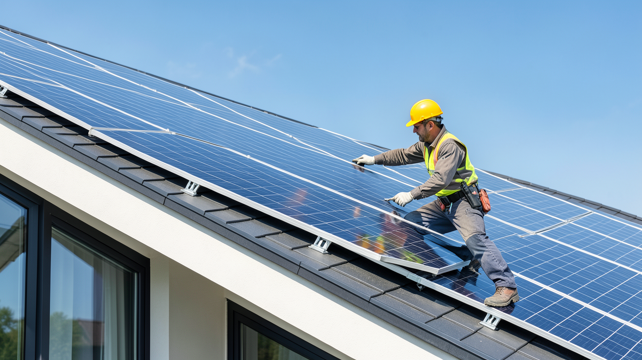 cout installation panneau photovoltaique illustré par un technicien expert sur une toiture résidentielle