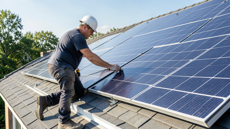 cout installation panneau photovoltaique installation professionnelle de panneaux solaires sur un toit résidentiel, avec technicien, équipements modernes et lumière naturelle.