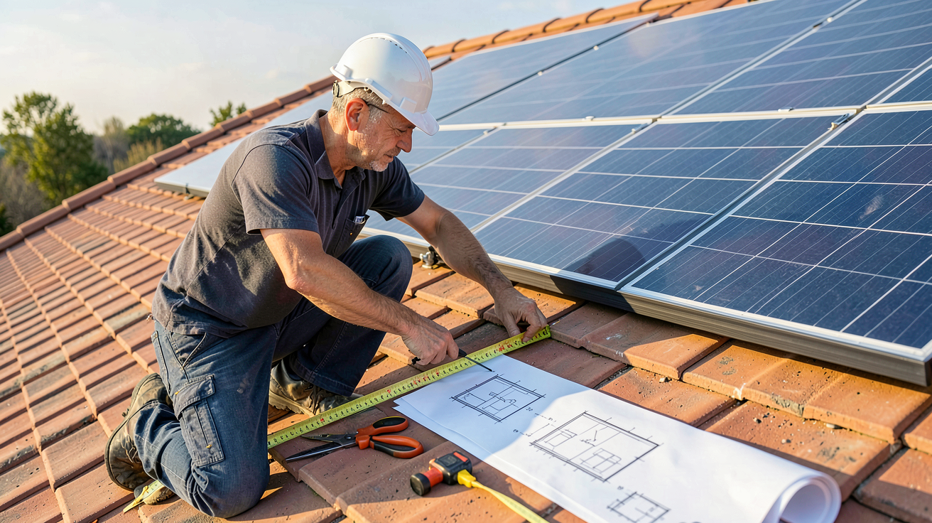 cout installation panneau solaire au m2 : installateur mesurant la surface d'un toit pour calculer la surface de panneaux solaires nécessaire