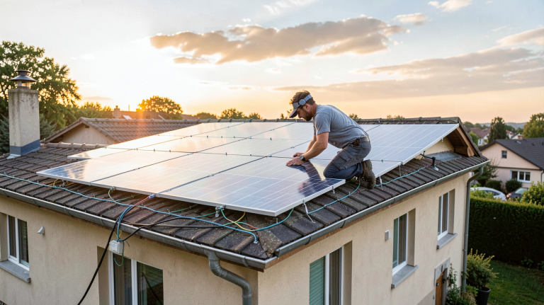 cout installation panneau solaire au m2 : installateur professionnel posant des panneaux solaires sur le toit d'une maison individuelle