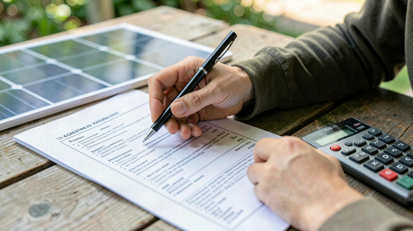 cout installation panneaux solaires : une personne analysant un devis de prix détaillé sur une table.