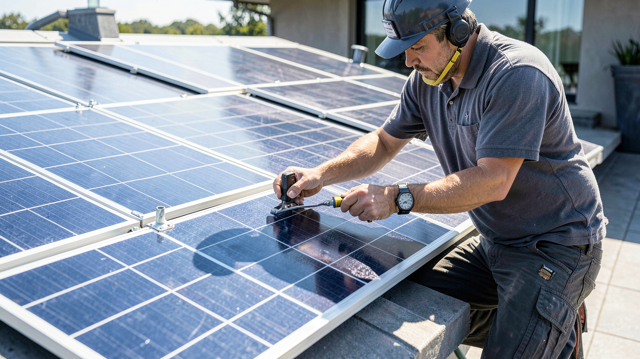 cout installation panneaux solaires avec un technicien professionnel travaillant sur une toiture résidentielle