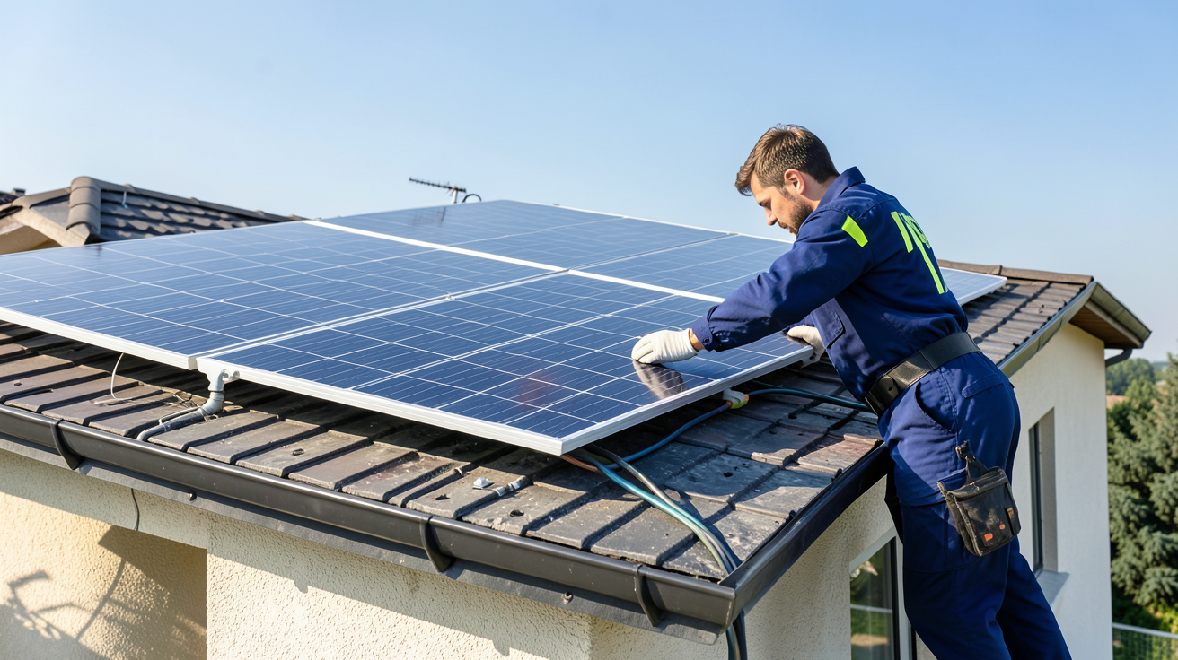 coût installation photovoltaïque 36 kWc avec technicien vérifiant les branchements sur un toit