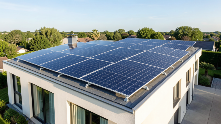 cout installation photovoltaique 6kwc installation photovoltaïque de 6 kWc sur le toit d'une maison moderne, lumière naturelle, rendu professionnel