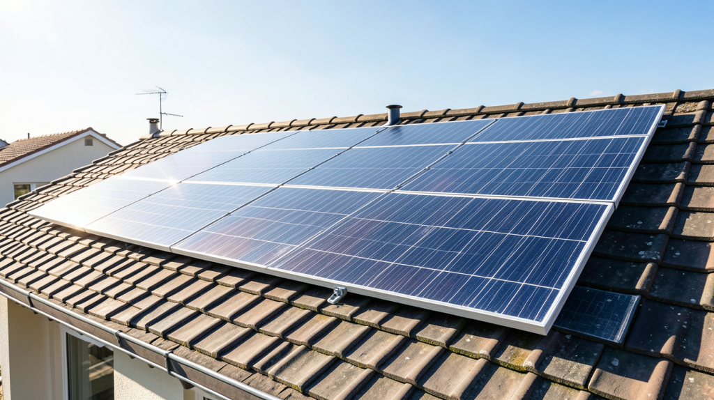 coût installation photovoltaïque 9 kw 2021 installation de panneaux solaires de 9 kW sur un toit résidentiel avec vue dégagée, photo haute résolution pour SEO