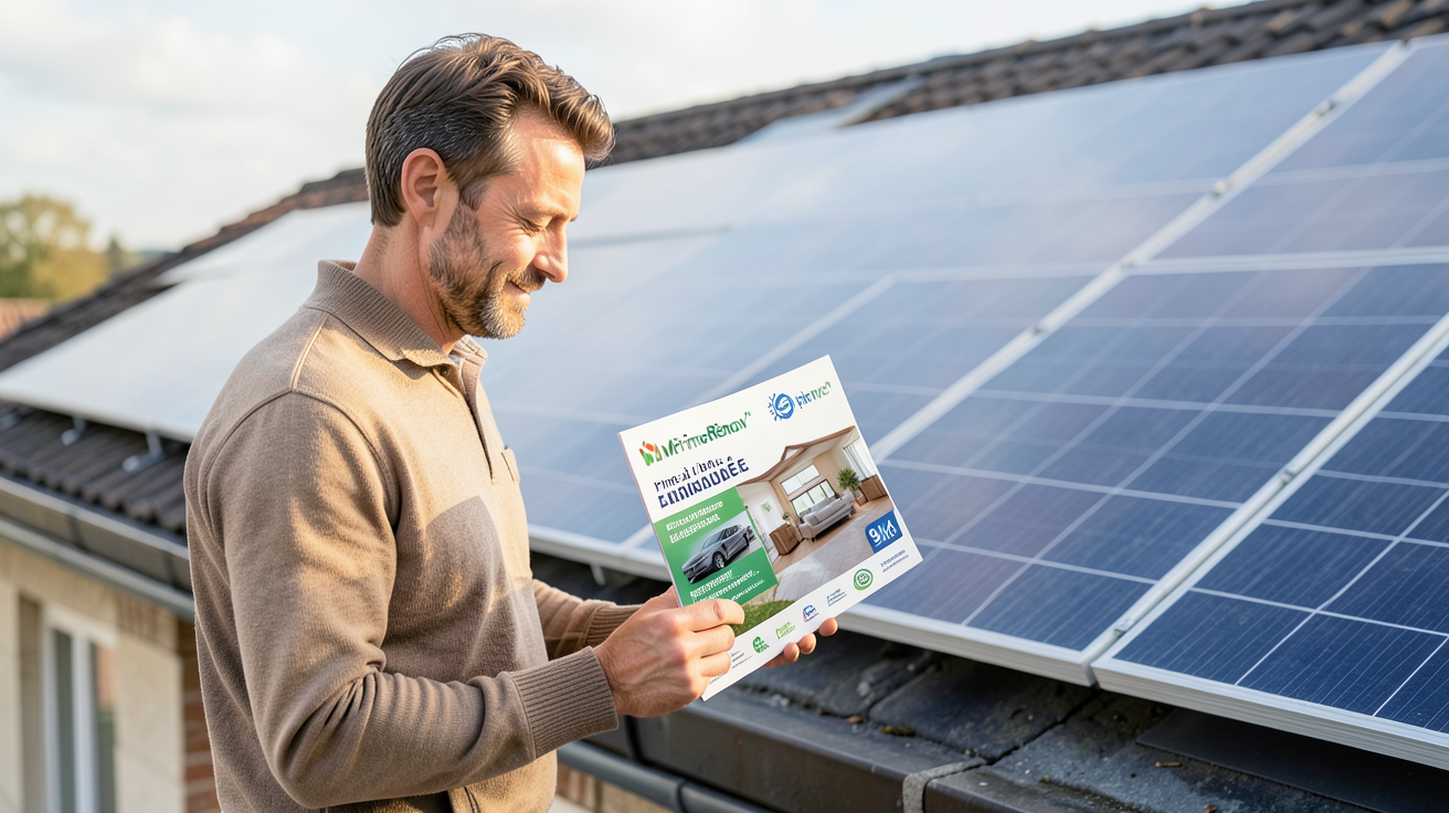 coût installation photovoltaïque 9 kw 2022 montrant un propriétaire regardant une brochure d'aides financières devant ses panneaux solaires