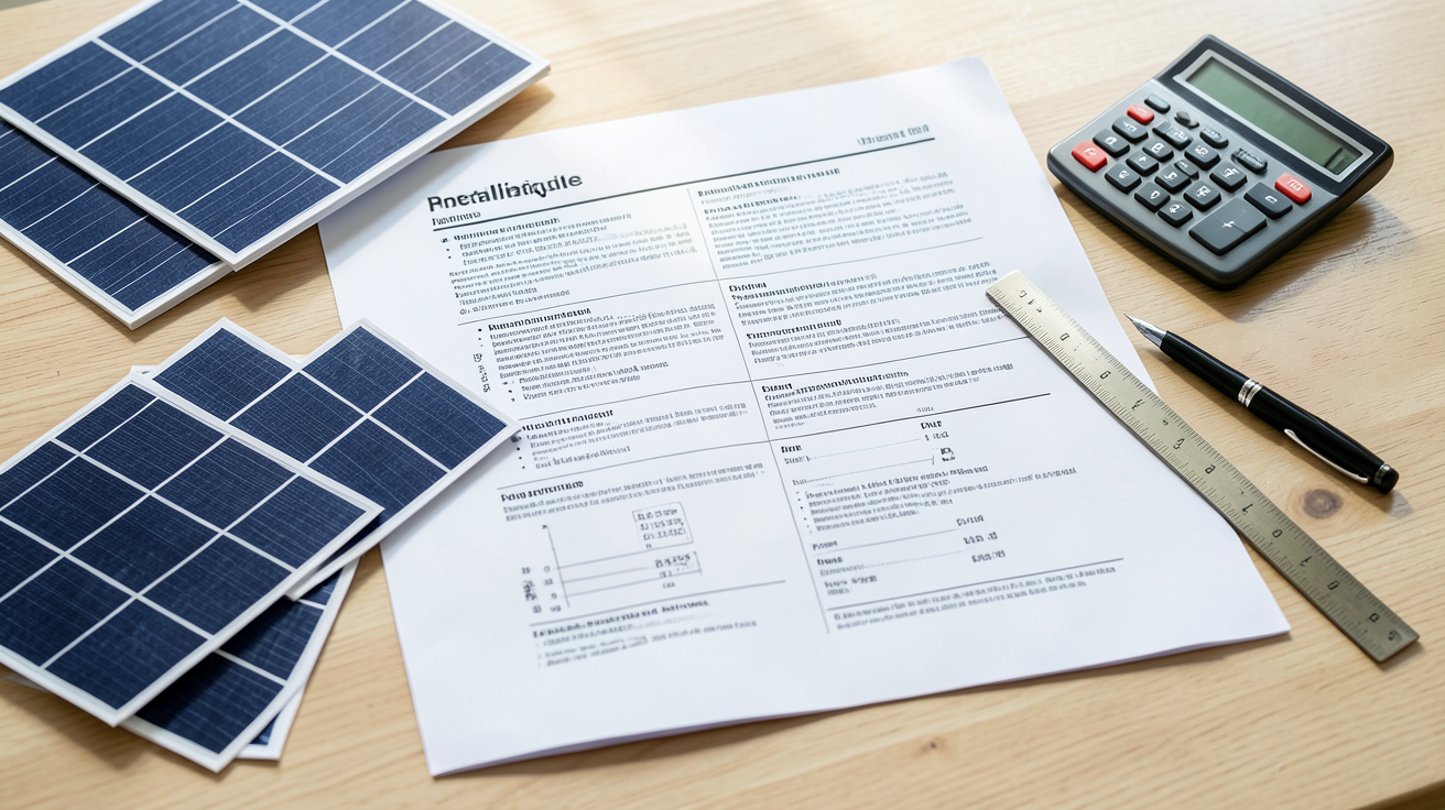 cout d'une installation photovoltaïque au m² en 2026 illustré par un devis détaillé avec échantillons de panneaux solaires et calculatrice