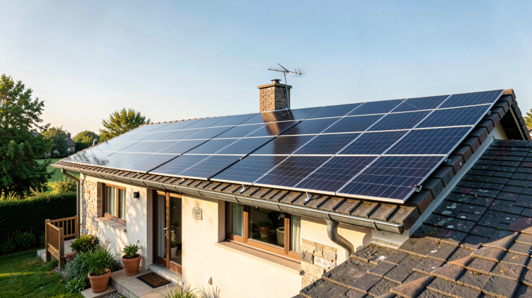 coût installation photovoltaïque autoconsommation sur le toit d'une maison avec panneaux solaires noirs