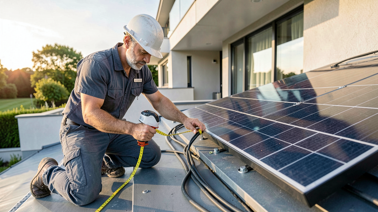 cout installation photovoltaique m2 : un professionnel mesure une surface de toiture pour l'installation de panneaux solaires