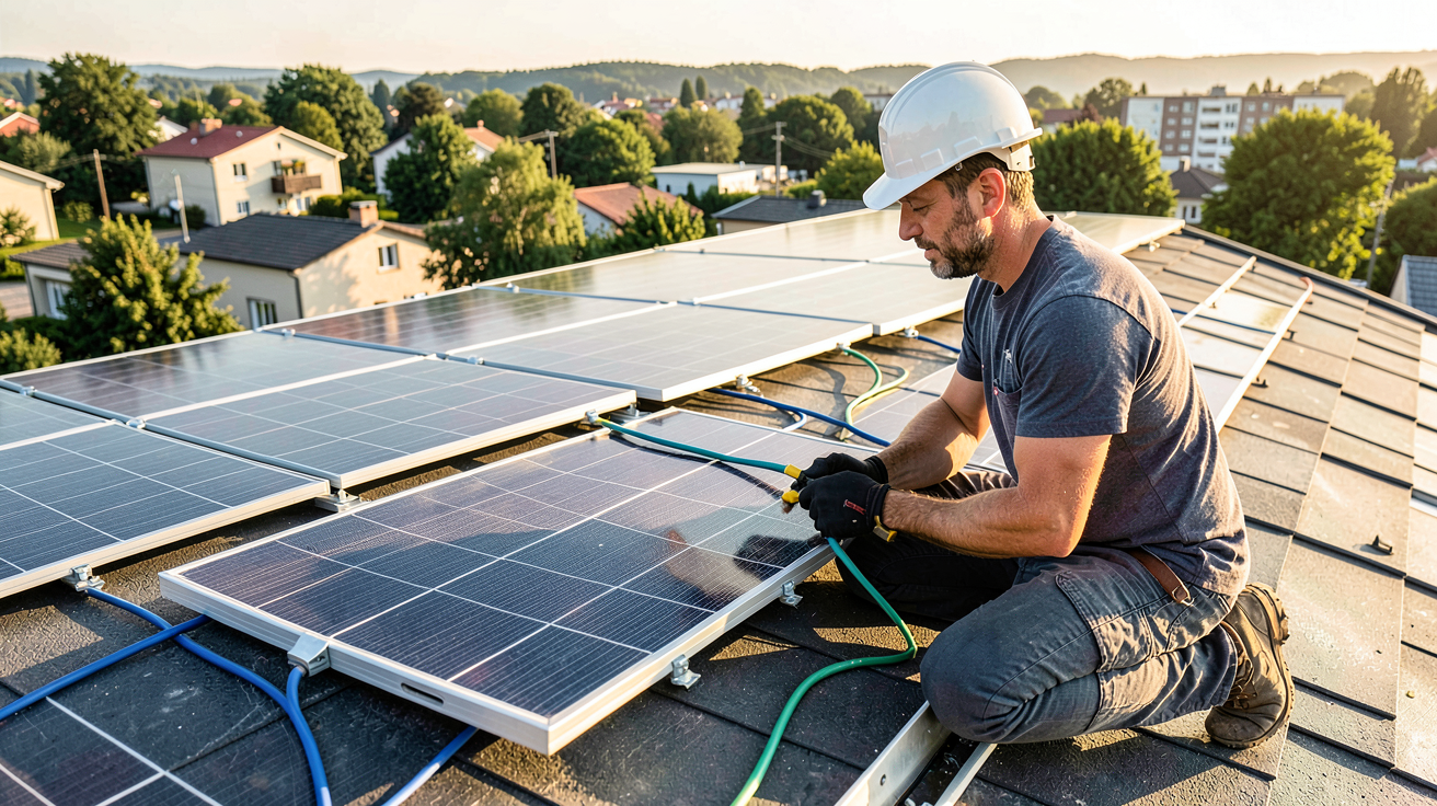 cout installation photovoltaique m2 prix moyen 2026 technicien installant des panneaux solaires sur un toit