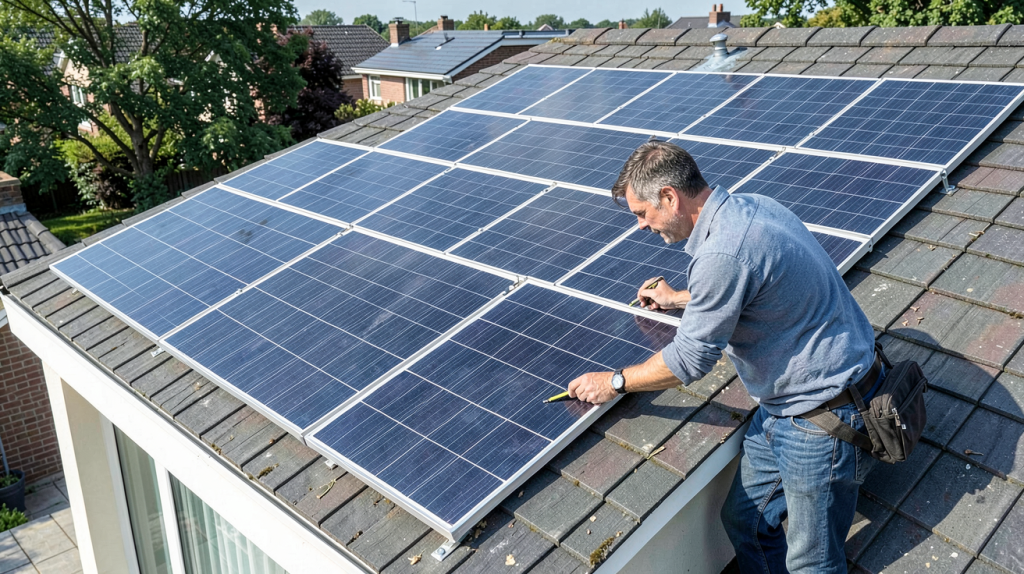 cout installation photovoltaique m2 montre un toit avec panneaux solaires modernes et un professionnel mesurant la surface au mètre carré