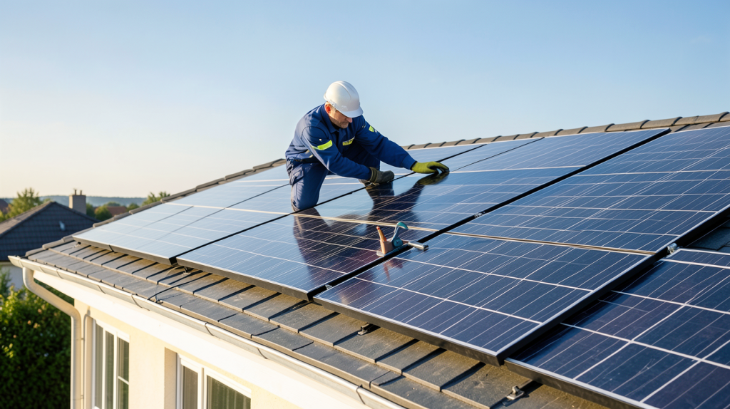 coût installation photovoltaïque sur le toit d'une maison résidentielle avec un technicien en train de vérifier les panneaux