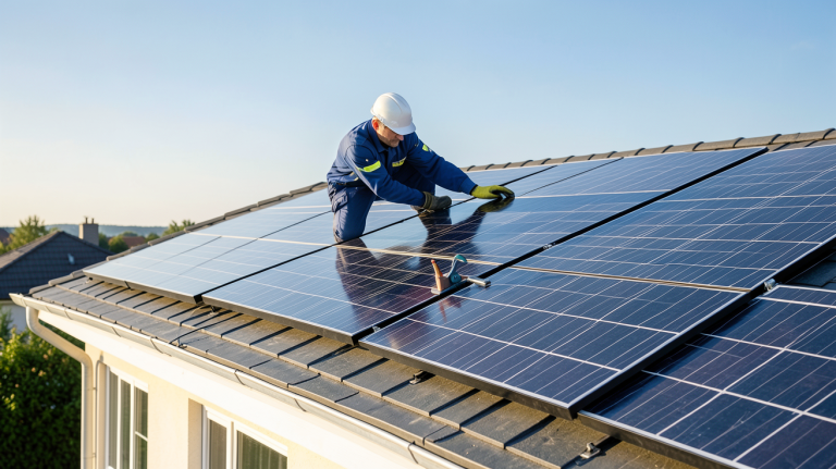 coût installation photovoltaïque sur le toit d'une maison résidentielle avec un technicien en train de vérifier les panneaux