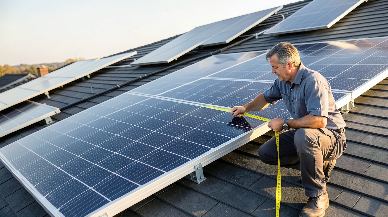 cout m2 panneau photovoltaique : installateur mesurant un panneau solaire photovoltaïque sur un toit