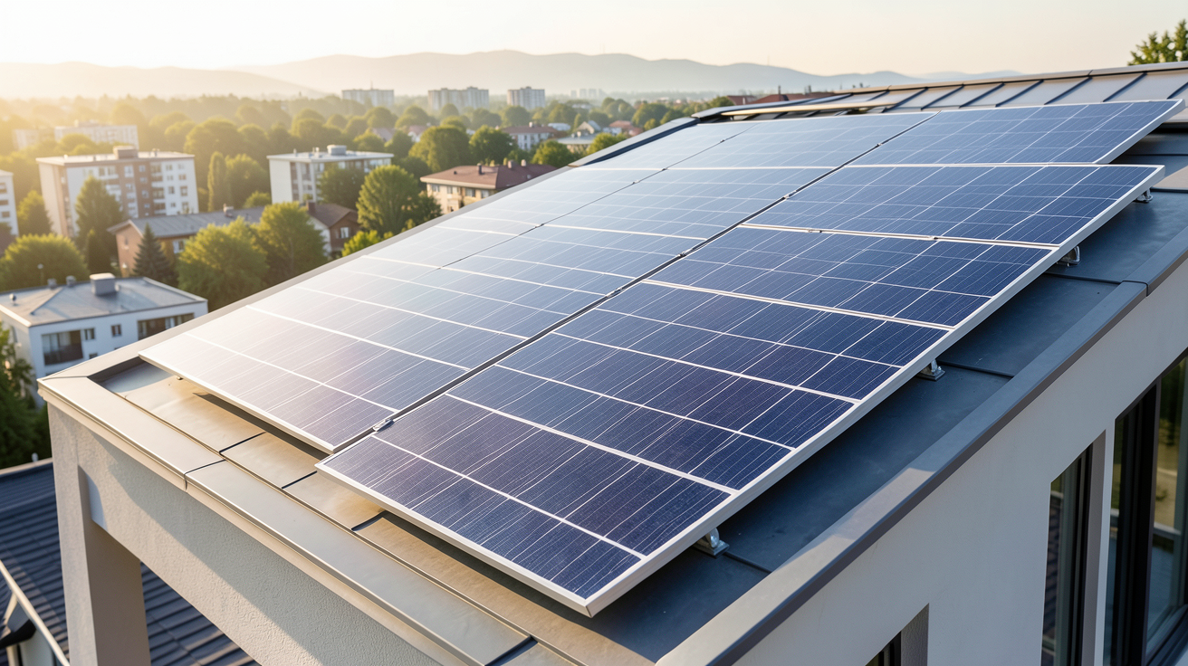 cout m2 panneau photovoltaique prix moyen 2026 affiché sur un panneau solaire installé sur un toit
