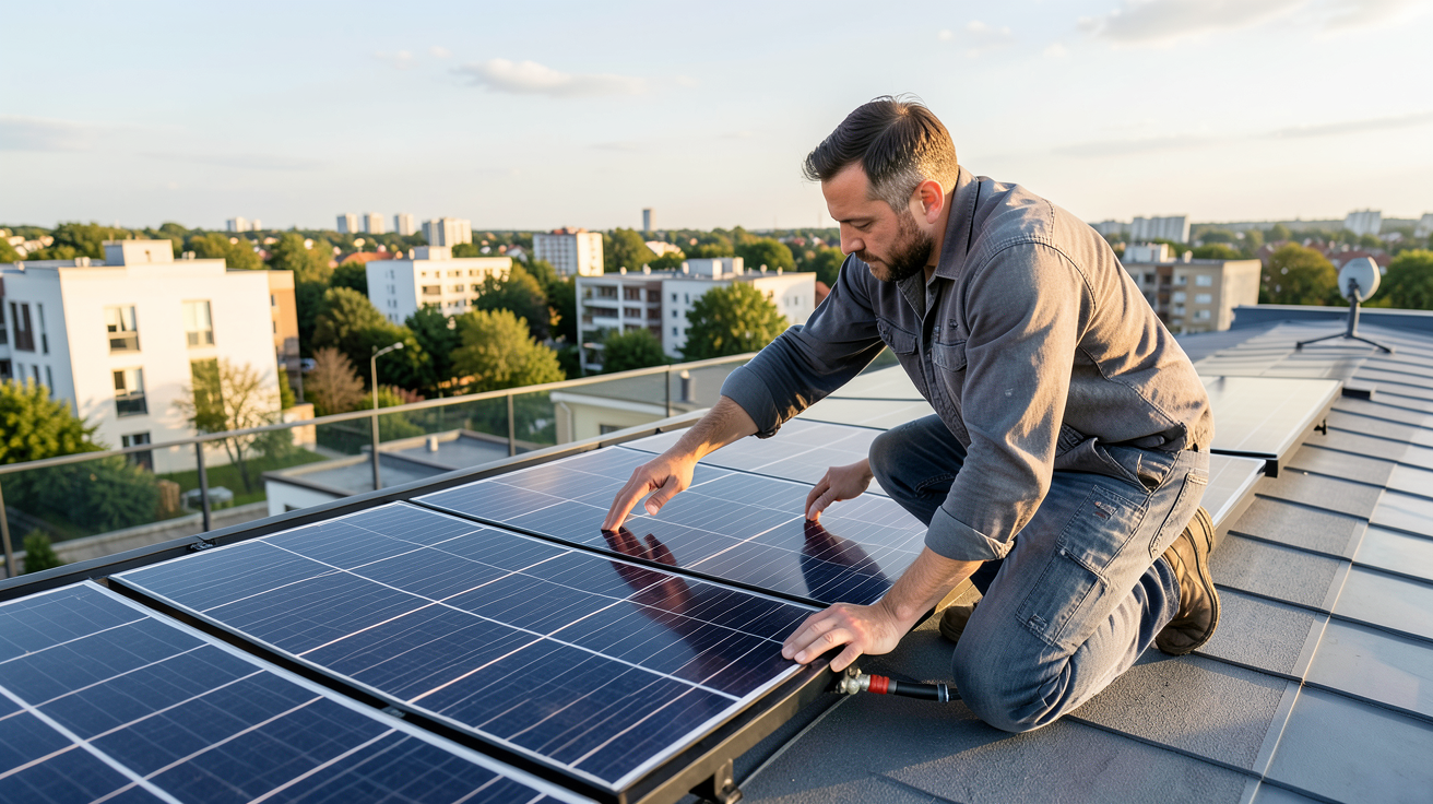 cout moyen installation photovoltaique : installateur vérifiant des panneaux solaires sur un toit résidentiel moderne