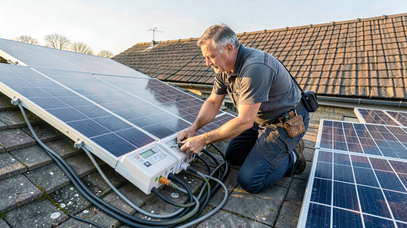 cout moyen d'une installation photovoltaïque : installateur vérifiant les composants d'un kit solaire sur un toit résidentiel
