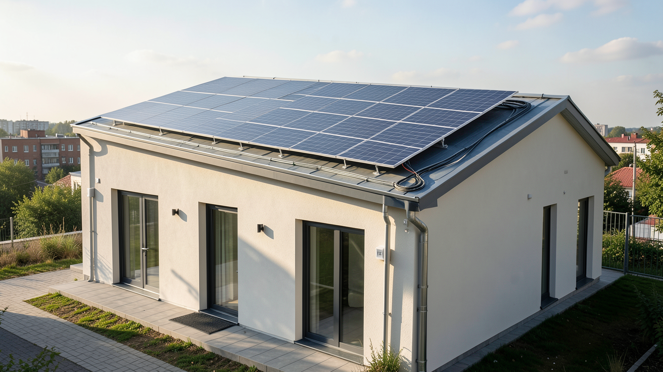 cout moyen panneau photovoltaique 2026 : installation solaire sur toit de maison moderne avec détails techniques
