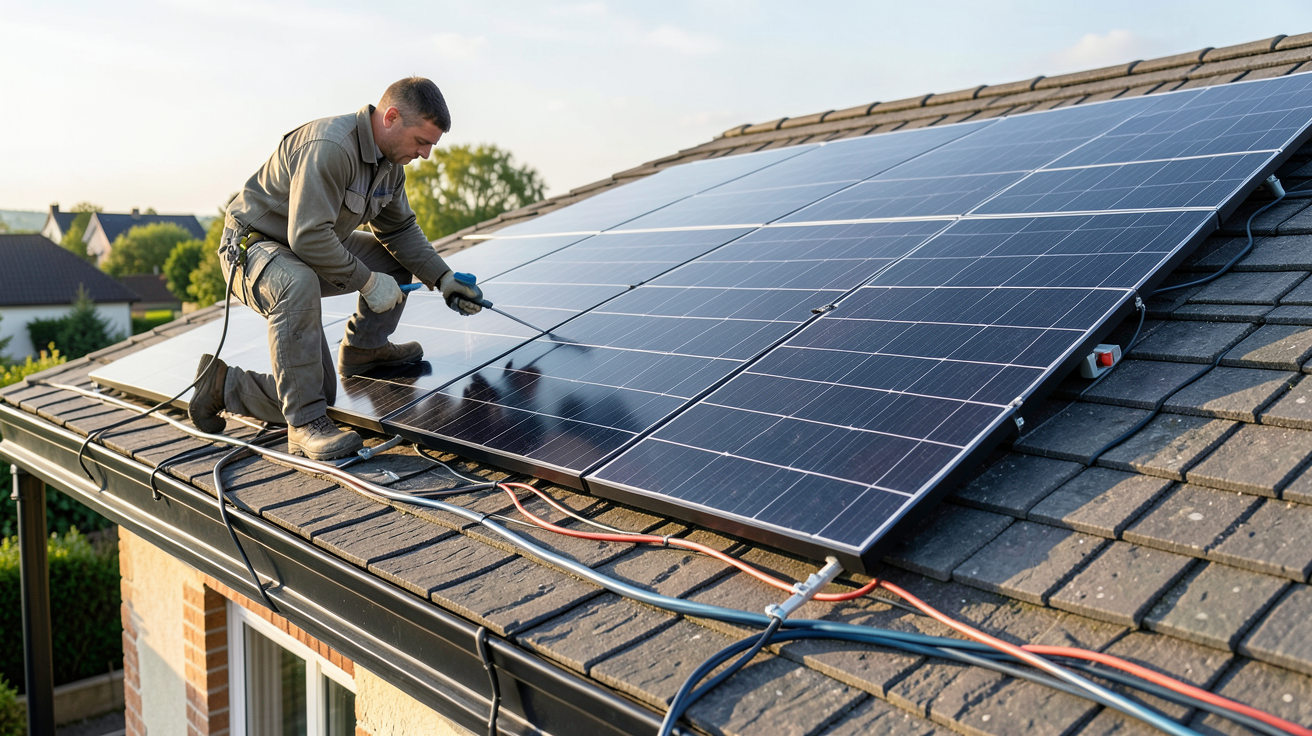 cout moyen panneau photovoltaique installation réelle sur toit de maison avec technicien vérifiant les connexions