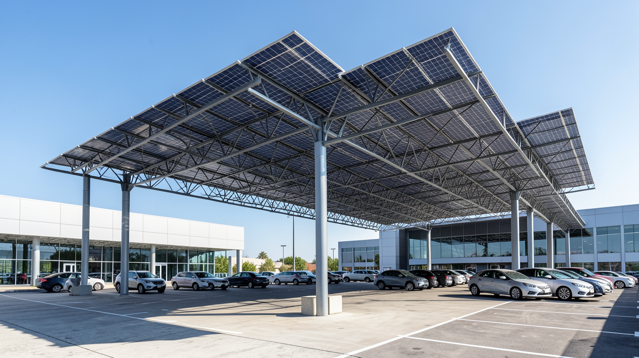 cout ombriere photovoltaique installée sur un parking professionnel avec des panneaux solaires modernes.