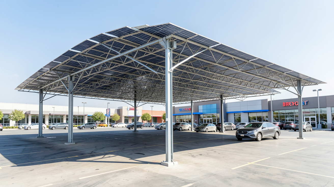 cout ombriere photovoltaique installée sur un parking avec une structure métallique moderne