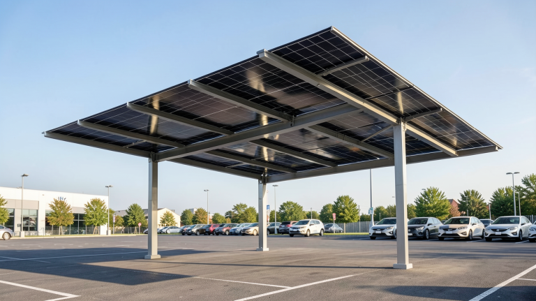 cout ombriere photovoltaique installée sur un parking d'entreprise moderne avec des panneaux solaires noirs