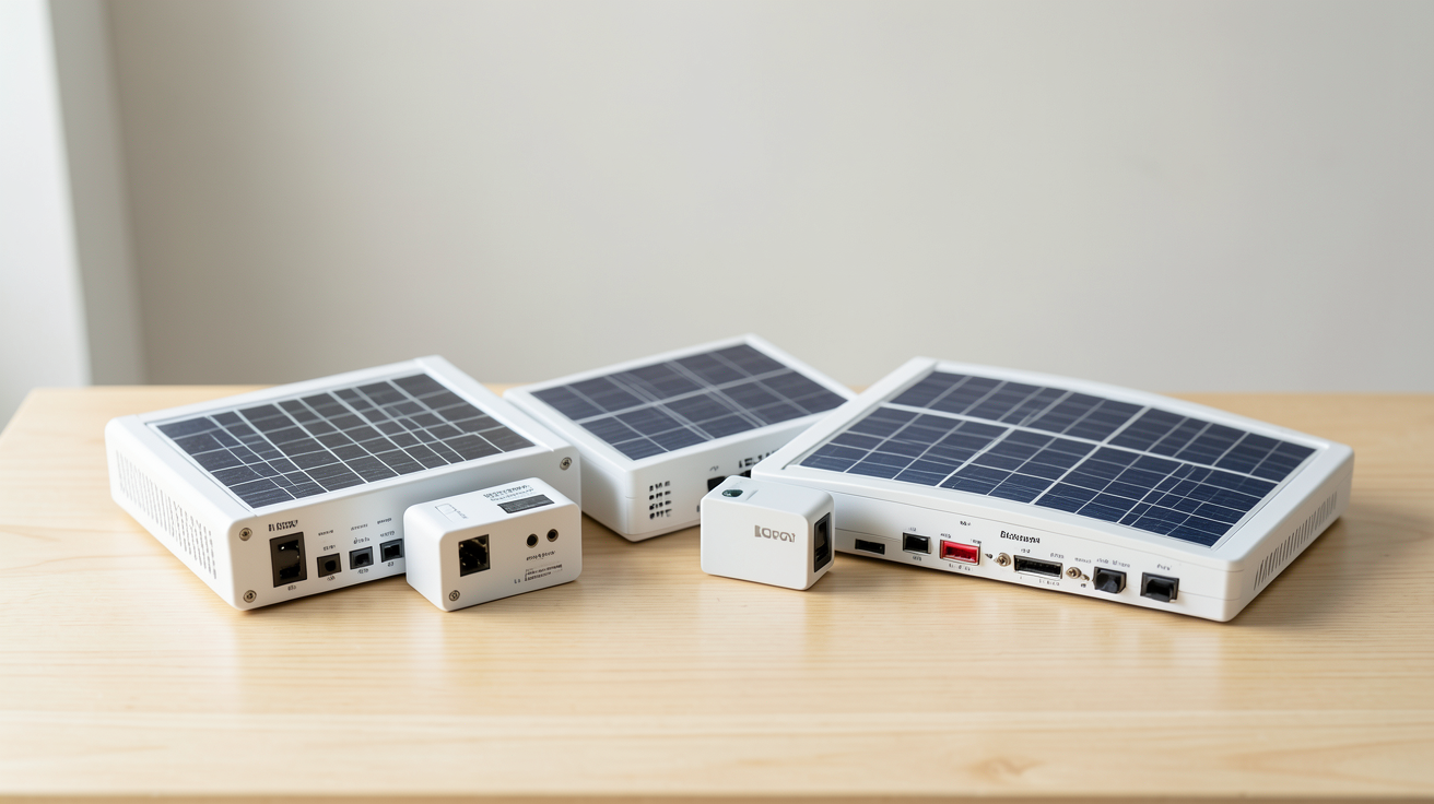 cout onduleur photovoltaique présentant différents types d'onduleurs posés sur une table en bois