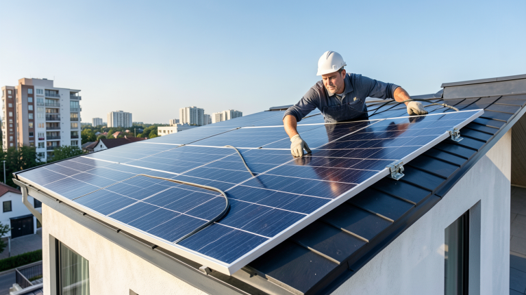 coût panneau photovoltaique installation sur toit de maison urbaine moderne