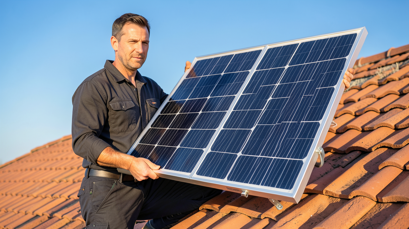 coût panneau photovoltaïque m2 : fourchettes 2026 par technologie avec installateur professionnel et panneau monocristallin sur toit