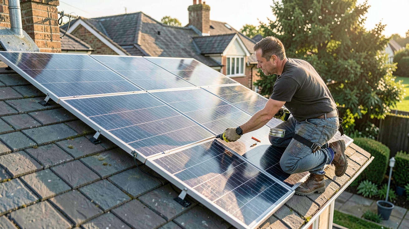 pose de panneaux photovoltaïques en surimposition sur un toit de maison individuelle