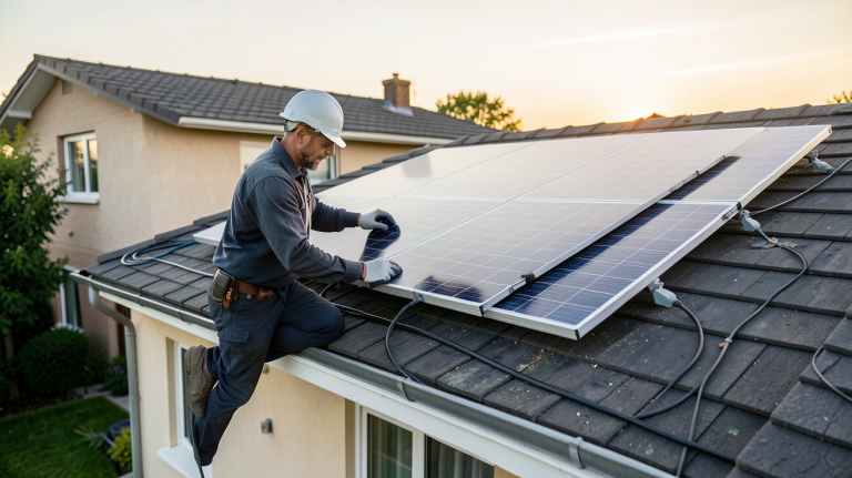 cout panneau solaire autoconsommation : installation d'un panneau solaire sur le toit d'une maison individuelle par un professionnel